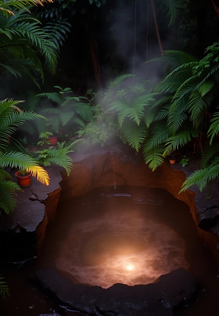 Steaming volcanic hot spring pool surrounded by ferns